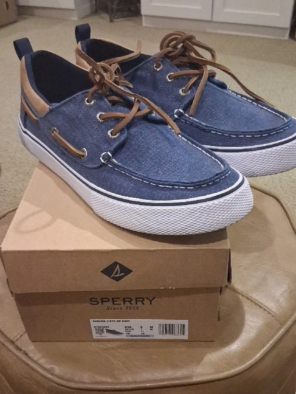 Sperry Navy Canvas Boat Shoes with Tan Leather Trim
